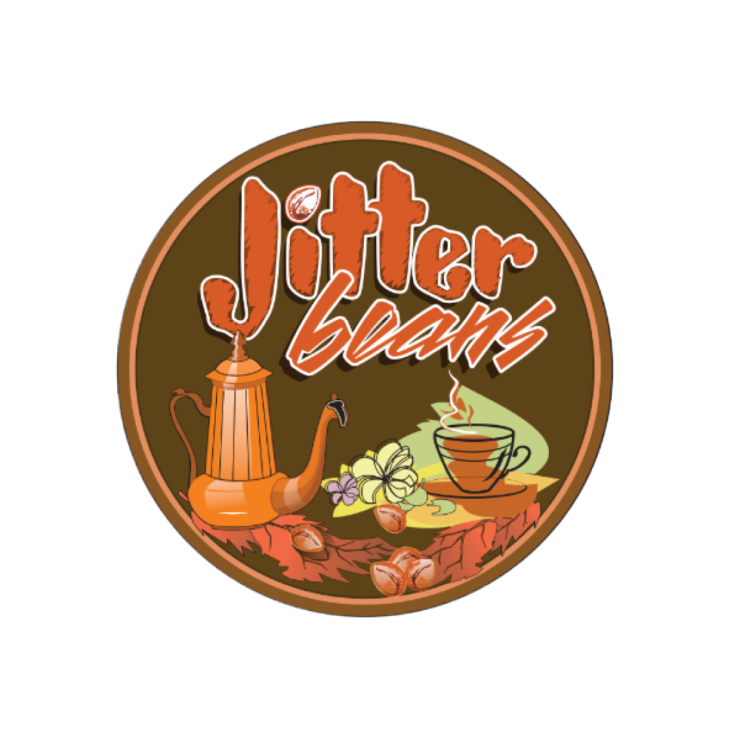 Jitter Beans logo featuring a circular design with a brown background, showcasing an orange coffee pot, a steaming cup, hazelnuts, and autumn leaves, with bold orange and white text for the name.